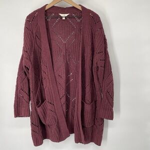 Terra & Sky Women 1X  Chenille Pointelle Cardigan Sweater Duster Chunky Crochet